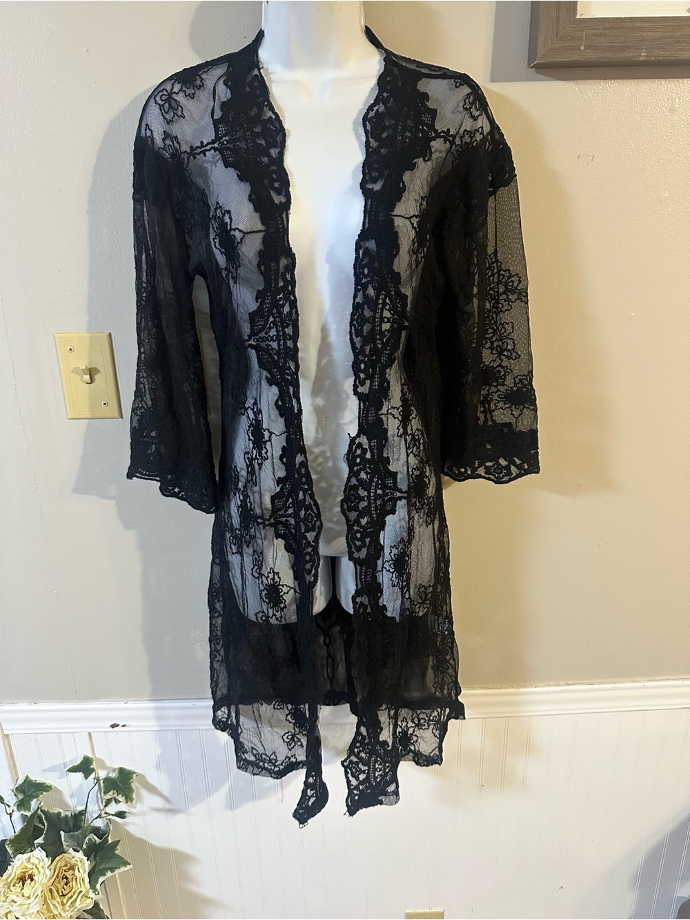 Woven Heart Black Sheer Lace Kimono Cardigan